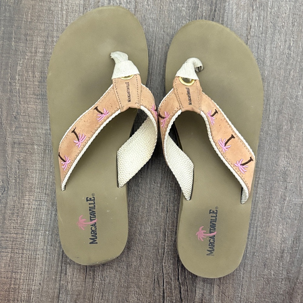 Margaritaville Olive Green Footbed Tan Straps with Pink Embroidery Thong Sandals